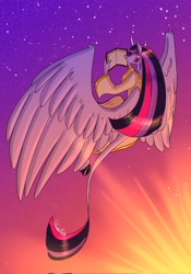 Size: 1434x2048 | Tagged: safe, artist:unfinishedheckery, twilight sparkle, alicorn, anthro, unguligrade anthro, fanfic:my little pony: the unexpected future, g4, book, clothes, digital art, female, flying, hoers, horn, leonine tail, looking at you, looking back, looking back at you, partially open wings, reading, rear view, solo, tail, twilight sparkle (alicorn), wings