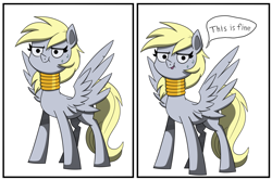 Size: 3801x2517 | Tagged: safe, artist:la hum, derpy hooves, pegasus, pony, g4, 2 panel comic, comic, derp, derpy being derpy, high res, neck rings, spread wings, sweat, sweatdrops, this is fine, wings