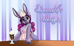 Size: 2048x1280 | Tagged: safe, artist:unfinishedheckery, oc, oc only, oc:opium belladonna, donkey, hybrid, pegasus, pony, apron, big ears, clothes, digital art, female, ice cream soda, looking at you, mare, open mouth, solo, tail, wings