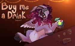 Size: 2048x1280 | Tagged: safe, artist:unfinishedheckery, oc, oc only, oc:opium belladonna, donkey, hybrid, pegasus, pony, alcohol, bar, bedroom eyes, big ears, digital art, drunk, female, looking at you, mare, open mouth, partially open wings, solo, tail, wings
