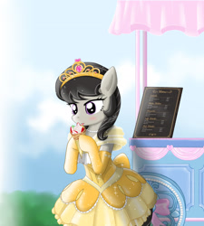 Size: 1600x1776 | Tagged: safe, artist:avchonline, octavia melody, earth pony, semi-anthro, g4, arm hooves, ballerina, beautiful, bipedal, blushing, booth, canterlot royal ballet academy, cart, clothes, crepe, dress, food, herbivore, jewelry, licking, menu, pastry, shading, tiara, tongue out