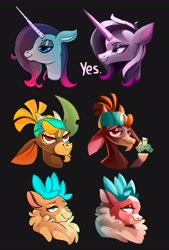 Size: 2763x4096 | Tagged: safe, artist:poxy_boxy, oleander (tfh), shanty (tfh), velvet (tfh), deer, goat, pony, reindeer, unicorn, them's fightin' herds, black background, bust, community related, doe, female, mare, redraw, simple background, smiling, trio, yes