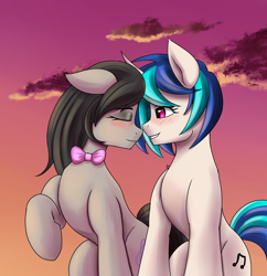 Size: 1500x1550 | Tagged: safe, artist:zachc, dj pon-3, octavia melody, vinyl scratch, earth pony, pony, unicorn, g4, blushing, bowtie, cloud, concave belly, duo, evening, eyes closed, female, floppy ears, lesbian, mare, raised hoof, ship:scratchtavia, shipping, slender, smiling, thin