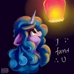 Size: 4000x4000 | Tagged: safe, artist:lazybread, izzy moonbow, pony, unicorn, g5, absurd resolution, cute, english, female, izzybetes, lantern, mare, simple background, solo, text
