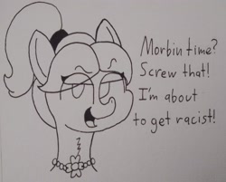 Size: 1297x1045 | Tagged: safe, artist:spoopygirl, posey bloom, earth pony, pony, g5, it's morbin time, lineart, morbius, traditional art, trolling