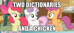 Size: 500x226 | Tagged: safe, edit, edited screencap, screencap, apple bloom, scootaloo, sweetie belle, earth pony, pegasus, pony, unicorn, g4, bow, caption, cutie mark crusaders, dictionary belle, dictionary bloom, funny, hair bow, hub logo, image macro, impact font, logo, meme, my little brony, no cutie marks yet, scootachicken, smiling, text, the hub, trio, watermark