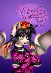 Size: 2150x3035 | Tagged: safe, artist:pozya1007, oc, oc only, oc:ozgrave, alicorn, bat pony, bat pony alicorn, pony, abstract background, bat wings, chin fluff, choker, clothes, cross, crossed arms, crossed hooves, dyed hair, ear piercing, earring, emo, fangs, grown out roots, high res, hoodie, horn, jewelry, lip piercing, male, multicolored hair, nose piercing, nose ring, open mouth, piercing, septum piercing, snake bites, solo, spread wings, stallion, text, unshorn fetlocks, wings