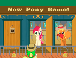 Size: 1396x1074 | Tagged: safe, artist:reconprobe, apple fritter, roseluck, pony, g4, apple family member, appleloosa, bank, bank panic, cowboy hat, food, hat, pie, video game