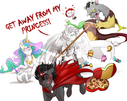 Size: 2000x1600 | Tagged: safe, artist:gloomydinosaur, discord, king sombra, princess celestia, oc, oc:light knight, alicorn, draconequus, original species, pegasus, pony, umbra pony, g4, armor, armpits, candy, crown, female, flower, food, guard, hearts and hooves day, jewelry, knight, lightestia, male, meme, mop, ouch, punch, regalia, ship:celestibra, ship:dislestia, shipping, simple background, straight, text, textless, white background