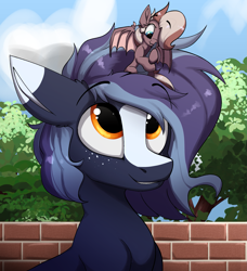 Size: 1885x2067 | Tagged: safe, artist:luxsimx, oc, oc only, oc:efflorescence, oc:witching hour, bat pony, pony, unicorn, bat pony oc, blaze (coat marking), coat markings, couple, facial markings, female, freckles, horn, horn grab, male, mare, micro, stallion, witchessence
