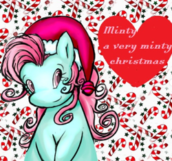 Size: 592x554 | Tagged: safe, artist:xxitachiuchihaloverxx, minty, a very minty christmas, g3, chibi, christmas, female, halfbody, hat, holiday, looking at you, santa hat, smiling, text, tiled background