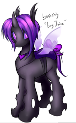 Size: 516x830 | Tagged: safe, artist:xxitachiuchihaloverxx, oc, oc:bug juice, oc:buggy, changeling, changeling oc, female, full body, looking at you, purple changeling, simple background, solo, standing, white background