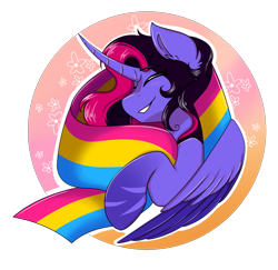 Size: 2312x2244 | Tagged: safe, artist:shamy-crist, oc, oc:shamy, alicorn, pony, ear fluff, eyes closed, female, flag, flower, high res, horn, mare, multicolored hair, multicolored mane, pansexual, pansexual pride flag, pride, pride flag, smiling, solo, wings