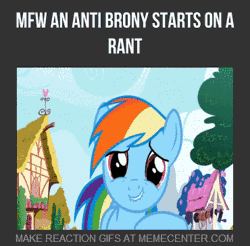 Size: 370x364 | Tagged: safe, edit, edited screencap, screencap, rainbow dash, pegasus, pony, friendship is magic, g4, animated, anti-brony, crying, female, laughing, meme, memecenter, solo, tears of laughter, text, watermark