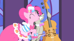 Size: 1280x720 | Tagged: safe, screencap, octavia melody, pinkie pie, earth pony, pony, g4, season 1, the best night ever, bipedal, bow (instrument), cello, cello bow, clothes, dress, duo, duo female, eyes closed, female, gala dress, mare, musical instrument, shocked, shocked expression, standing on two hooves