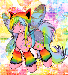 Size: 614x677 | Tagged: safe, artist:xxitachiuchihaloverxx, oc, oc:metal petal, butterfly wings, clothes, colorful, happy, hat, heart, leg warmers, looking offscreen, multicolored hair, rainbow, simple background, smiling, solo, sparkles, standing, wings