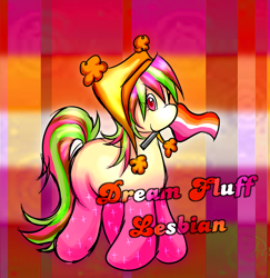 Size: 1214x1249 | Tagged: safe, artist:xxitachiuchihaloverxx, oc, oc:dream fluff, female, flag, lesbian, lesbian pride flag, looking at you, mouth hold, pride, pride flag, simple background, smiling, standing, text