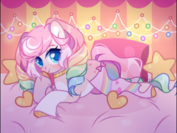 Size: 2160x1620 | Tagged: safe, artist:fenix-artist, oc, oc only, earth pony, pony, bow, clothes, coat markings, commission, curly hair, curly mane, cute, ear fluff, earth pony oc, female, freckles, gold, heart, heart pillow, jewelry, lying down, mare, multicolored hair, necklace, pillow, prone, rainbow hair, smiling, socks, socks (coat markings), solo, stars, striped socks, unshorn fetlocks, ych result