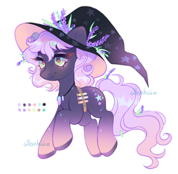 Size: 2136x2097 | Tagged: safe, artist:whohwo, oc, oc only, earth pony, pony, belt, earth pony oc, eyelashes, flower, flower in hair, gem, gradient legs, hat, high res, jewelry, necklace, potions, simple background, smiling, solo, white background, witch hat