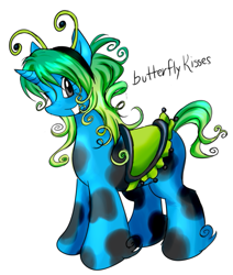Size: 565x666 | Tagged: safe, artist:xxitachiuchihaloverxx, oc, oc only, oc:butterfly kisses, pony, unicorn, coat markings, curls, fetlock tuft, gradient mane, looking at you, pinto, saddle, simple background, solo, tack, text, white background