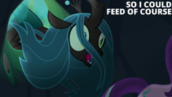 Size: 1280x720 | Tagged: safe, edit, edited screencap, editor:quoterific, screencap, queen chrysalis, starlight glimmer, changeling, pony, unicorn, g4, season 6, to where and back again, female, mare, offscreen character, open mouth, open smile, smiling, solo focus, text