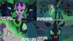 Size: 1280x720 | Tagged: safe, edit, edited screencap, editor:quoterific, screencap, queen chrysalis, starlight glimmer, changeling, pony, unicorn, g4, season 6, to where and back again, duo focus, female, male, mare, open mouth, open smile, smiling, text