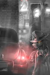Size: 2500x3750 | Tagged: safe, artist:richmay, oc, changeling, black and white, building, car, changeling oc, city, clothes, crystaller building, grayscale, high res, manehattan, monochrome, noir, rain, smoking