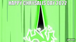 Size: 640x360 | Tagged: safe, edit, edited screencap, editor:quoterific, screencap, queen chrysalis, changeling, a canterlot wedding, g4, season 2, animated, chrysalis day, evil laugh, eyes closed, female, gif, gifs.com, impact font, laughing, open mouth, open smile, smiling, solo, text, transformation