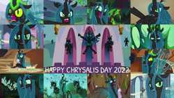 Size: 1280x721 | Tagged: safe, edit, edited screencap, editor:quoterific, screencap, cozy glow, queen chrysalis, changeling, changeling queen, pegasus, pony, a canterlot wedding, frenemies (episode), g4, season 2, season 5, season 6, season 8, season 9, the beginning of the end, the cutie re-mark, the ending of the end, the mean 6, to where and back again, chrysalis day, cupcake, female, filly, flying, foal, food, grin, male, open mouth, open smile, smiling, spread wings, text, ultimate chrysalis, wings