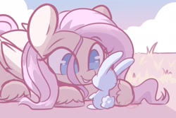 Size: 1800x1200 | Tagged: safe, artist:sakukitty, angel bunny, fluttershy, pegasus, pony, rabbit, angelbetes, animal, crouching, cute, female, folded wings, grass, looking at each other, looking at someone, mare, no pupils, outdoors, shyabetes, smiling, solo, stray strand, sweet dreams fuel, unshorn fetlocks, wings