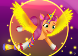 Size: 3500x2500 | Tagged: safe, artist:leonkay, sunny starscout, alicorn, pony, g5, my little pony: make your mark, artificial horn, artificial wings, augmented, female, force field, high res, horn, lantern, magic, magic horn, magic wings, mane stripe sunny, mare, race swap, scene interpretation, solo, sunnycorn, wings