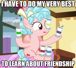 Size: 443x399 | Tagged: safe, artist:thed0bermans, edit, edited screencap, screencap, cozy glow, pegasus, pony, g4, marks for effort, caption, female, filly, flying, foal, food, image macro, sprinkles, sugarcube corner, text, tin can