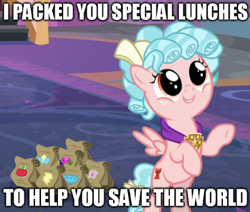 Size: 440x373 | Tagged: safe, artist:thed0bermans, edit, edited screencap, screencap, cozy glow, pegasus, pony, g4, school raze, bag, bipedal, caption, cozybetes, cute, female, filly, foal, image macro, lunch, lunch bag, solo, text