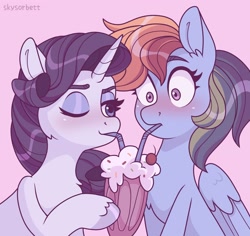 Size: 2244x2117 | Tagged: safe, artist:skysorbett, rainbow dash, rarity, pegasus, pony, unicorn, g4, blushing, drinking, drinking straw, duo, duo female, female, high res, lesbian, mare, milkshake, one eye closed, sharing a drink, ship:raridash, shipping, wink