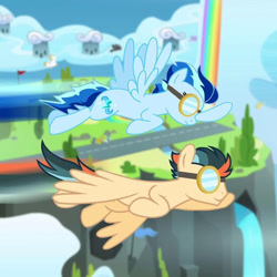 Size: 750x750 | Tagged: safe, oc, oc:turbo swifter, pegasus, pony, g4, wonderbolts academy, cloudsdale, collaboration, female, flying, male, mare, not shipping, pegasus oc, speed trail, stallion