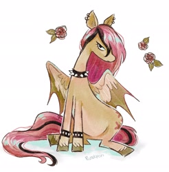 Size: 2012x2048 | Tagged: safe, artist:lutraviolet, fluttershy, bat pony, pony, g4, bat ponified, choker, dyed mane, dyed tail, ear piercing, earring, emo, emoshy, female, flower, flutterbat, high res, hybrid wings, jewelry, mare, piercing, race swap, sitting, solo, spiked choker, spiked wristband, tail, unshorn fetlocks, wings, wristband