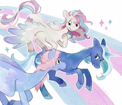 Size: 2048x1778 | Tagged: safe, artist:lutraviolet, star catcher, trixie, wind whistler, pegasus, pony, unicorn, g1, g3, g4, catcherbetes, colored wings, cute, diatrixes, facial markings, female, flying, g1 to g5, g3 to g5, g4 to g5, generation leap, mare, pride, pride flag, rainbow, star catcher can fly, starabetes, trans female, trans trixie, transgender, transgender pride flag, trio, trio female, unshorn fetlocks, whistlerbetes, wind whistler can fly, wings