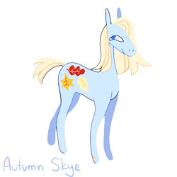 Size: 640x640 | Tagged: safe, artist:skyefal, autumn skye, earth pony, pony, g3, autumn, blonde hair, blue coat, blue eyes, leaves, short tail, simple background, solo, tail, tall, white background