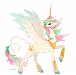 Size: 2048x1995 | Tagged: safe, artist:lutraviolet, princess celestia, alicorn, pony, g4, alternate cutie mark, alternate design, chanfron, colored wings, ethereal mane, female, greaves, helmet, leonine tail, peytral, raised hoof, simple background, solo, starry mane, starry tail, tail, unshorn fetlocks, white background, wings