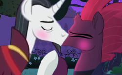 Size: 639x396 | Tagged: safe, artist:decokenite, edit, edited screencap, screencap, chancellor neighsay, fizzlepop berrytwist, tempest shadow, pony, unicorn, g4, armor, blushing, broken horn, canterlot, canterlot gardens, clothes, duo, eyes closed, female, flower, holding hooves, horn, kiss on the lips, kissing, lidded eyes, male, mare, night, robe, shipping, stallion, straight, tempest neighsay