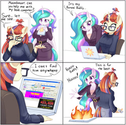 Size: 1604x1588 | Tagged: safe, artist:dstears, moondancer, princess celestia, alicorn, unicorn, anthro, g4, 4 panel comic, bonzi buddy, breasts, busty moondancer, busty princess celestia, clothes, comic, computer, computer virus, crying, cute, cutelestia, fire, funny, glasses, homestar runner, internet explorer, laptop computer, lighter, open mouth, reference, sad, sadorable, skirt, speech bubble, tech support, this will end in tears, this will not end well, toolbar, virus