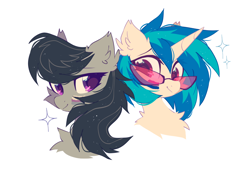 Size: 1224x832 | Tagged: safe, artist:mirtash, dj pon-3, octavia melody, vinyl scratch, earth pony, pony, unicorn, g4, bisexual pride flag, bust, chest fluff, cute, demisexual pride flag, duo, ear fluff, eyebrows, face paint, female, fluffy, glasses, horn, lesbian, mare, portrait, pride, pride flag, pride month, ship:scratchtavia, shipping, simple background, smiling, sparkles, tavibetes, vinyl's glasses, vinylbetes, white background