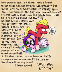 Size: 1250x1448 | Tagged: safe, artist:ebbysharp, pipp petals, sprout cloverleaf, earth pony, pegasus, pony, g5, cellphone, female, floppy ears, headband, hey pippsqueaks, male, mare, phone, pipp pipp hooray, sprout is not amused, stallion, text, unamused, wall of text