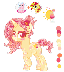 Size: 3092x3464 | Tagged: safe, artist:mint-light, artist:vernorexia, sunset shimmer, oc, pony, unicorn, g4, base used, body markings, coat markings, commission, cutie mark, dappled, facial markings, female, flower, flower in hair, fusion, gradient mane, hibiscus, high res, mare, multicolored mane, orange hair, orange mane, pink mane, ponytail, red mane, reference sheet, short tail, simple background, solo, tail, transparent background, tropical, tropical ponies, webkinz, webkinz pink pony