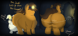 Size: 5262x2480 | Tagged: safe, artist:firestarter, oc, oc only, oc:darren, dog, pony, butt, cave, fat, headlamp, non-mlp oc, obese, plot, speech bubble, text, the ass is monstrously oversized for tight entrance, the ass was fat, the ass was too fat, tunnel