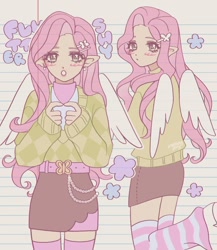 Size: 1080x1244 | Tagged: safe, artist:meltingjelly, fluttershy, human, g4, :o, ass, belt, butt, clothes, ear piercing, earring, elf ears, female, hairclip, humanized, jewelry, looking at you, looking back, looking back at you, miniskirt, open mouth, piercing, self paradox, shoes, skirt, socks, striped socks, sweater, thigh highs, winged humanization, wings, zettai ryouiki