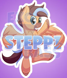 Size: 1024x1189 | Tagged: safe, artist:exobass, oc, oc:steppi, pegasus, pony, badge, commission, conbadge, pegasus oc, solo, unshorn fetlocks, waving