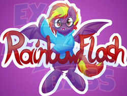 Size: 1024x776 | Tagged: safe, artist:exobass, oc, oc:rainbowflash, bat pony, badge, bat pony oc, clothes, commission, conbadge, fangs, glasses, hoodie, solo