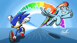 Size: 1280x720 | Tagged: safe, artist:soulsliver249, rainbow dash, hedgehog, pegasus, pony, anthro, g4, clothes, crossover, duo, female, flying, looking at each other, looking at someone, male, mare, rainbow trail, running, shoes, sonic rainboom, sonic the hedgehog, sonic the hedgehog (series)
