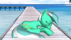 Size: 1366x768 | Tagged: artist needed, source needed, safe, lyra heartstrings, pony, unicorn, g4, 3d, bridge, day, female, looking right, ocean, palm tree, pier, png, sleeping, solo, tree, turquoise skin, water